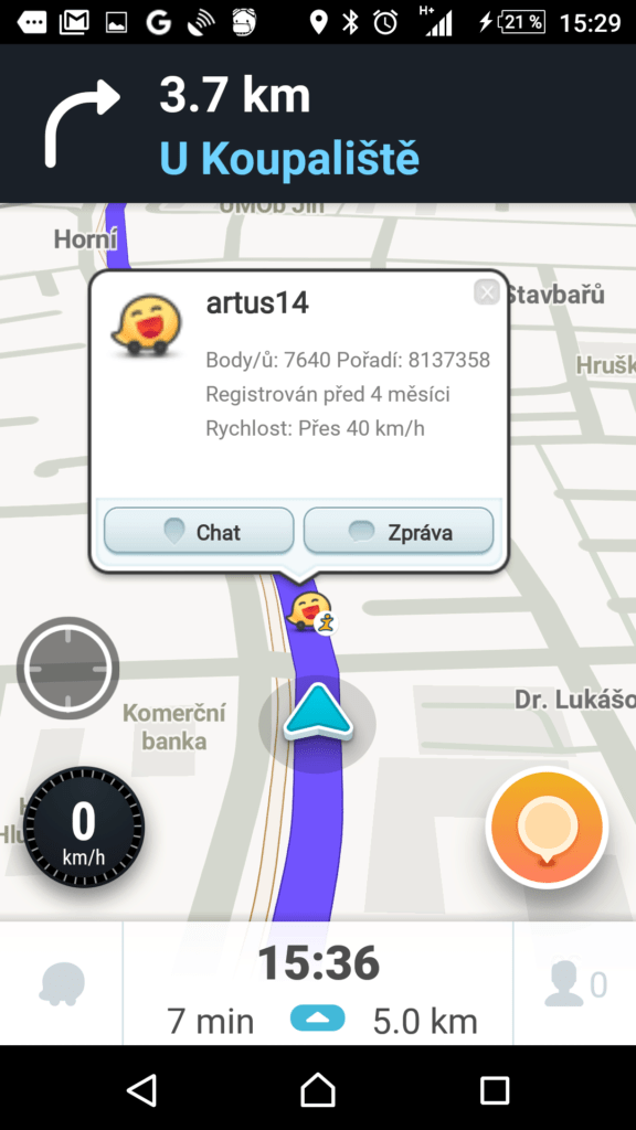 Jiného uživatele v mapě můžeme kontaktovat