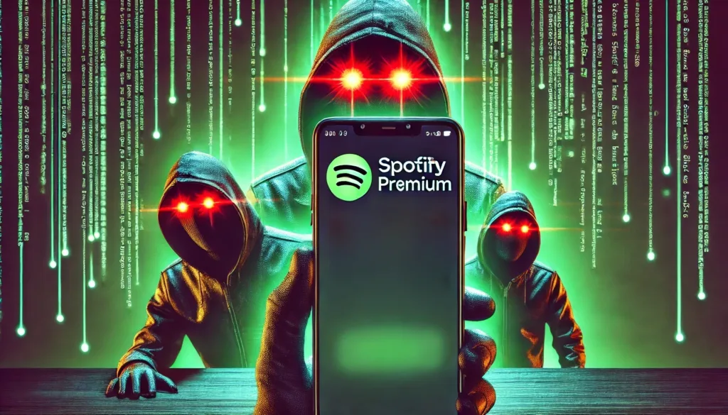 DALL·E 2025 03 19 21.38.27 A cautionary digital illustration depicting the dangers of downloading unofficial Spotify Premium modifications. The image features a smartphone displ